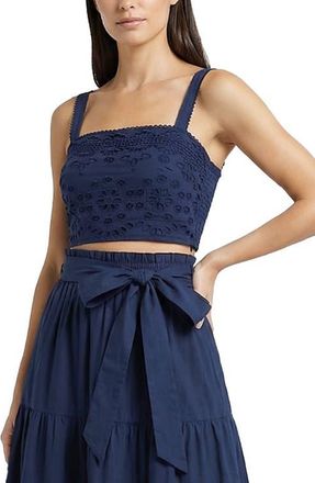 Change of Scenery Ilyssa Eyelet Embroidered Square Neck Smocked Crop Top in Navy Calypso Eyelet at Nordstrom, Size Medium