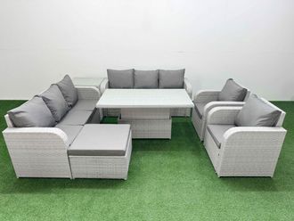 Fimous PE Rattan High Back Lounge Sofa Set Patio Adjustable Lifting Dining or Coffee Table & Chairs Set w/ 3 Seater Sofa Reclining Chair Big
