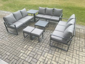 Fimous Aluminium 11 Seater Outdoor Garden Furniture Set Patio Lounge Sofa with Coffee Table Side Table 2 Small Footstools Conservatory Set