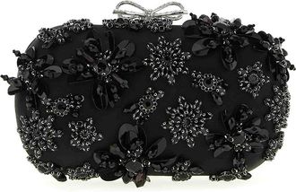 Self Portrait Black Satin Floral Crystal Clutch
