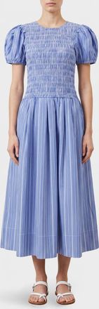 Ganni Abito midi a righe in cotone con maniche a palloncino