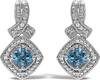 House of Brilliance Sterling Silver Cushion Cut Blue Topaz and Diamond Accent Twist Motif Dangle Earrings at Nordstrom