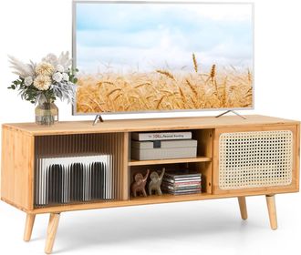 Costway Costway - Soporte De Tv Moderno De Bamb&uacute;, Mueble De Televisi&oacute;n Con Puertas Deslizantes De Mimbre, Centro De Entretenimiento Con Estante Ajustable Para