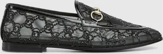 Gucci Womens GG Crystal Gucci Jordaan Loafer, Black, Fabric