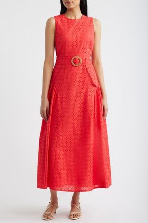 Eliza J Eyelet Belted Sleeveless Maxi Dress in Coral at Nordstrom, Size 14