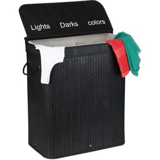Relaxdays Cesto Portabiancheria, in Bamb&ugrave;, Contenitore con 3 Scomparti da 30 l, Coperchio e Manici, 63x55x35 cm, Nero - Relaxdays