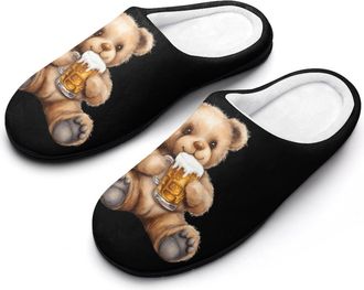 Generic Teddy Bear With Beer Fashion Cotton Slippers for Women Memory Foam House Slippers Non-Slip House Bedroom Shoes