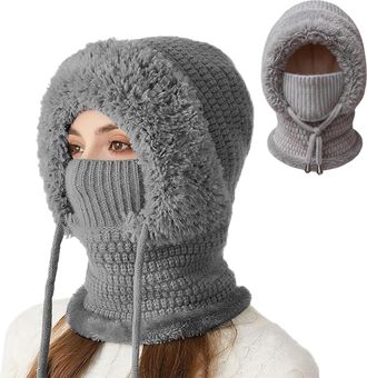 Generic 3 in 1 Beanie Hat for Women, 3 in 1 Beanie Hats Winter with Scarf and Face Mask for Cold Weather (Gray)