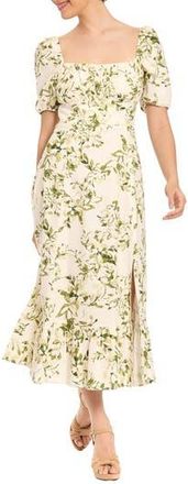 London Times Floral Puff Sleeve Linen Blend Midi Dress in Ivory/Deep Olive at Nordstrom Rack, Size 10P
