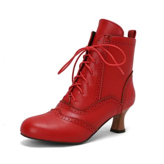 Generic Womens 5.5cm Kitten Heel Brogue Ankle Boots with Lace-Up,Vintage-Style,Red,7.5 UK