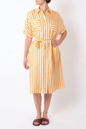 LA PRESTIC OUISTON Jolie Maman Silk Midi Dress In Rayure Prestic Jaune