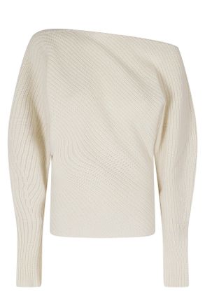 Alberta Ferretti White Oblique Crew Neck Dropped Shoulders Wool-Blend Sweater