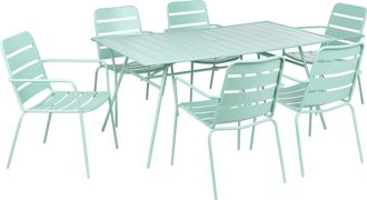 Beliani Conjunto De Comedor Exterior 6 Plazas Mesa De Hierro Tablero Con Orificio Sillas Acabado Con Recubrimiento En Polvo Verde Menta Terenzo