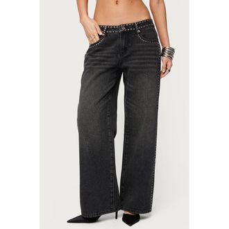 Edikted Quincy Studded Low Rise Wide Leg Jeans in Black-Washed at Nordstrom, Size X-Small
