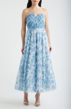 Hutch Pleated Strapless Mesh Gown in White/Blue Inked Chinoiserie at Nordstrom, Size 12
