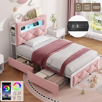 Matteo Single Pink Velvet Bed Frame with LED, USB & Storage Drawers