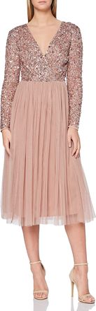 Maya Womens Maya Deluxe Womens Ladies Wedding Guest Midi Long Sleeve Plunging Neckline V Neck Sequin Embel Bridesmaid Dress, Pale Mauve, 12 UK
