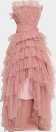 Pamella Roland Strapless Tiered Tulle High-Low Gown