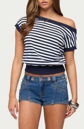 Edikted Philly Stripe One-Shoulder Top in Navy-And-White at Nordstrom, Size X-Small
