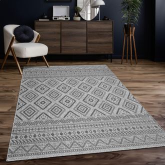 Paco Home Paco Home - Alfombra Exterior Interior Balc&oacute;n Terraza Cocina Motivo Boho &Eacute;tnico Moderno Antracita, 240x340 Cm