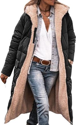 Generic Ladies Winter Coat, Winter Coats for Women UK Warm Fleece Overcoat Outerwear Full Zip Hooded Long Jackets Ladies Down Jacket Longline Puffer Coat Card
