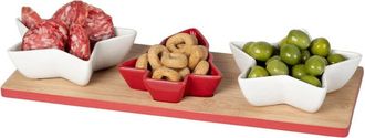Trade Shop Trade Shop - Antipastiera 3 Posti Con Vassoio Base In Bamboo 33x12cm 3 Coppette In Ceramica Da 16/9,5cl