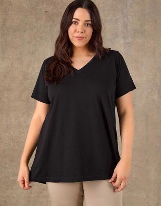 Live Unlimited London Womens Black Cotton Slub Longline V Neck T-Shirt - Size: 26