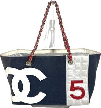 Chanel No.5 Navy Red Color Leather Canvas Shoulder Bag Tote Bag (Pre-Owned)