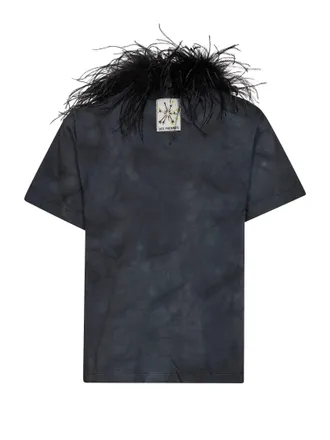 Des_Phemmes Ostrich Feather Trim Tie-Dye Cotton T-Shirt - Black