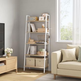 Woltu Woltu Libreria A 5 Livelli, Mensole Con Struttura In Metallo, Libreria A Scaletta In Legno Per Soggiorno, Cucina, Ufficio, Rovere Chiaro + Bianco