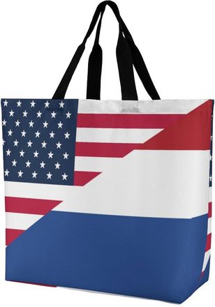 Generic U.S. And Netherlands Flag Tote Bag Reusable Grocery Shopping Bags Large Travel One Shoulder Handbag for Picnic Work