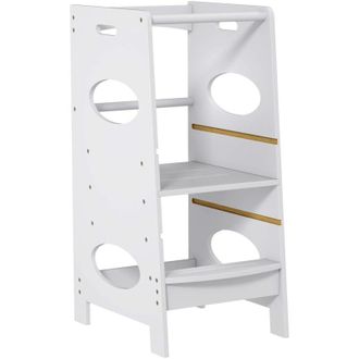 HOMCOM Homcom - Torre De Aprendizaje De Madera Para Ni&ntilde;os Taburete De Cocina Con Pedal Altura Ajustable En 3 Posiciones Y Barra De Seguridad 40x50x90cm