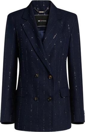 Kiton Linnen en Wollen Double-Breasted Jas - Dames - Blazers - Blauw - S - Wol - Jassen