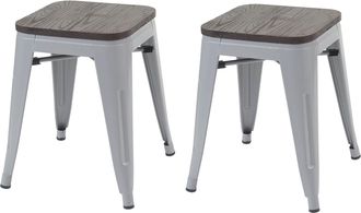 Hhg Juego De 2 Taburetes Hhg 397 Incl. Asiento De Madera, Taburete De Metal Asiento Taburete, Metal Dise&ntilde;o Industrial Apilable, Gris