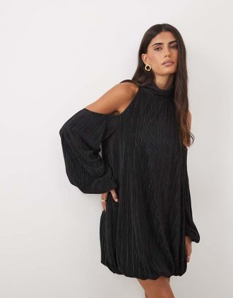 Asos vestito corto pliss&eacute; accollato con orlo a palloncino nero
