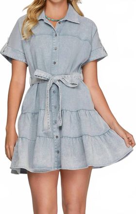 She + Sky Short Sleeve Button Down Tiered Mini Dress With Waist Sash In Blue