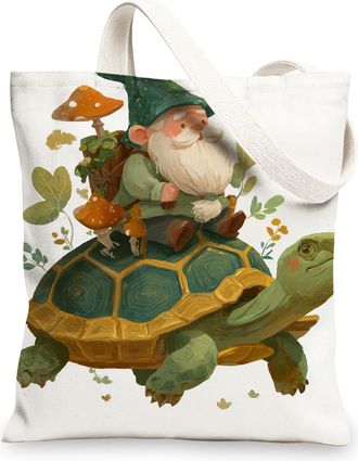 Generic Fanciful Turtle Canvas Tote Bags, Cute Gnome Design Reusable Shopping Bags, Lightweight Washable Eco-Friendly Canvas Bags f, White, 13x15 Inch