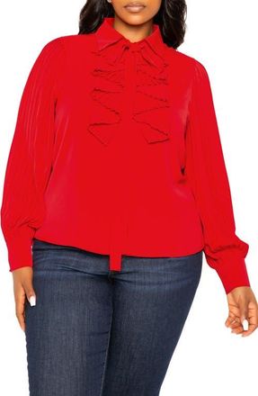 Buxom Couture Tie Neck Pleated Sleeve Top in Red at Nordstrom, Size 1 X