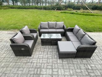 Fimous 11 Seater Wicker PE Rattan Sofa Set Outdoor Patio Garden Furniture with 2 Reclining Chairs Coffee Table 3 Footstools Dark Grey Mixed