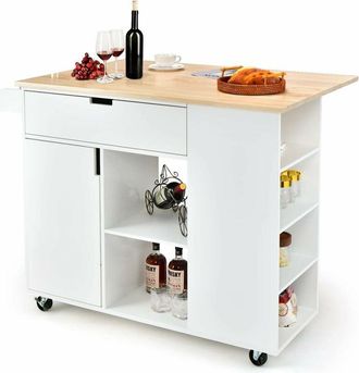 Costway Carrello da Cucina con Cassetto, Carrello Servizio con Ripiano Aperto e Pieghevole, Carrello Multiuso con Ruote e Portasciugamani, 124x76x92 cm