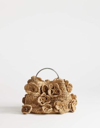 Topshop Millie piccola borsa a mano in paglia con fiore e manico in metallo-Neutro