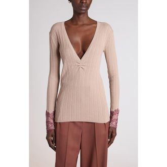 Valentino Garavani Lace Trim Cashmere Sweater in Poudre at Nordstrom, Size Medium