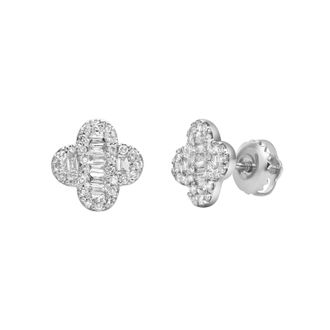 LuvMyJewelry Ariana 0.4 Cts Baguette & Round-Cut Diamond Clover Stud Earrings in 14K Gold
