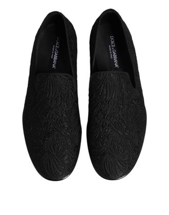 Dolce & Gabbana Mens Black Jacquard Slip On Loafers Formal Shoes Velvet Leather