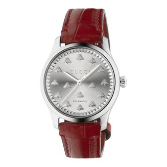 Gucci 38 mm stalen kast- zon geborstelde wijzerplaat met bijen- rode gekleurde alligator band - Dames - Horloges - Bruin - ONE Size - Accessoires