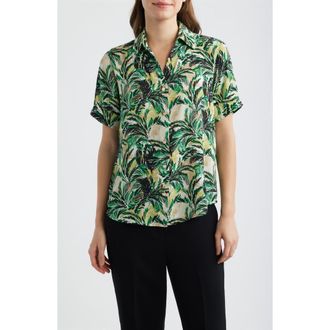 Anne Klein Tropical Print Short Sleeve Button-Up Shirt in Tropical Green Multi at Nordstrom, Size X-Small P