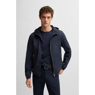 HUGO BOSS Water-Repellent Crinkled Fabric Jacket with Adjustable Hood Blue