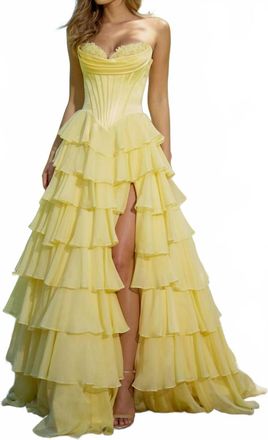Sherri Hill Basque Waist Ruffle Skirt Dress In Yellow