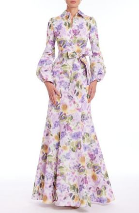 Badgley Mischka Abstract Floral Long Sleeve Taffeta Mermaid Gown in Lilac Multi at Nordstrom, Size 0