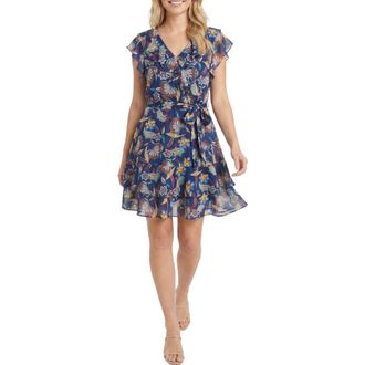 London Times Ruffle Tie Waist Dress in Navy/hollyhock at Nordstrom Rack, Size 12